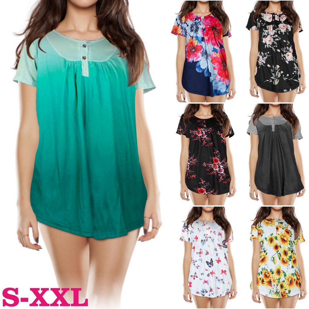 Women Summer Shirts Tops Loose Short Sleeve T Shirts Casual Floral Printed Button Shirts Blouse S-XXL