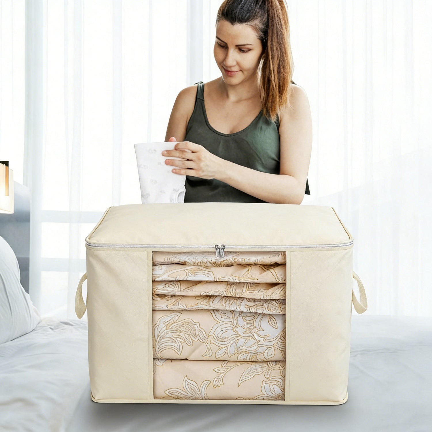 2Pcs Clothes Storage Bag 90L Large Capacity Foldable Closet Organizer with Thick Fabric Clear Window Dual-Zipper for Clothes Comforters Blankets Beddi