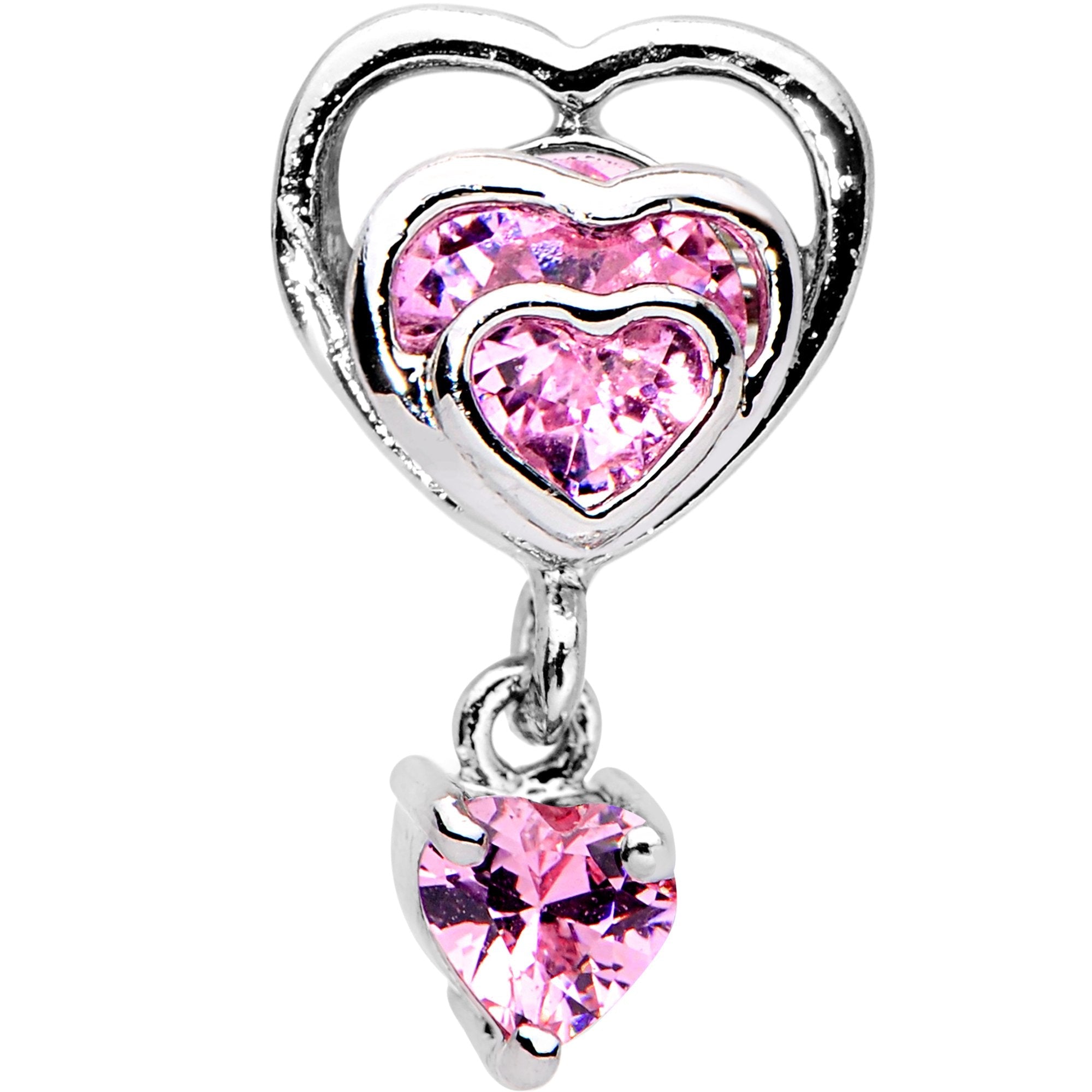 16G 1/4 Pink CZ Gem Triple Heart Dangle Cartilage Tragus Earring