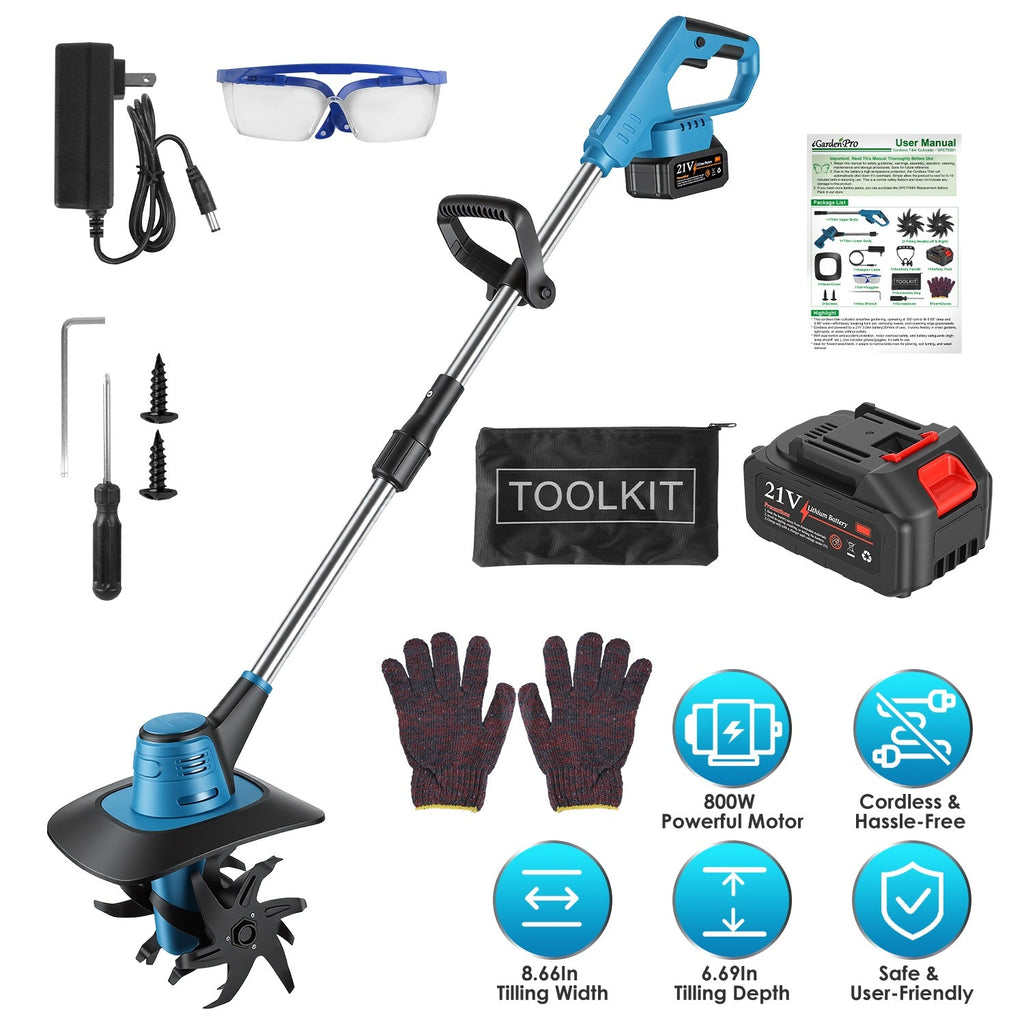 800W 21V Cordless Tiller Cultivator 3.0Ah Battery Powered Tiller with 8.66" Width 6.69" Depth Manganese Steel Tines for Soil Cultivation Weeding Garde