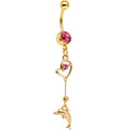 Red Gem Gold Plated Dolphin in Love Dangle Belly Ring