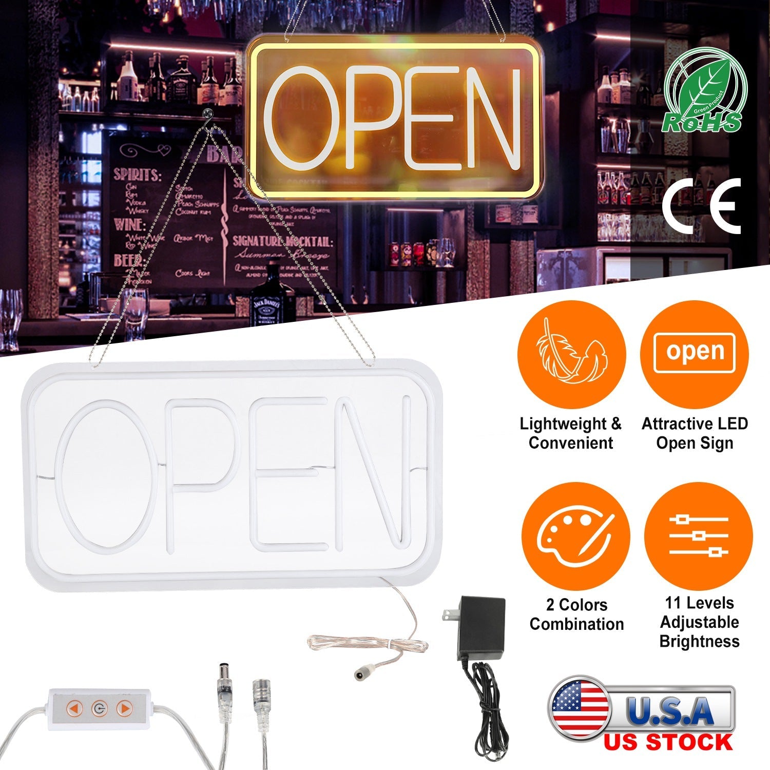 LED Open Sign 16.5x9.1in Business Neon Open Sign Advertisement Board with 11 Levels Adjustable Brightness