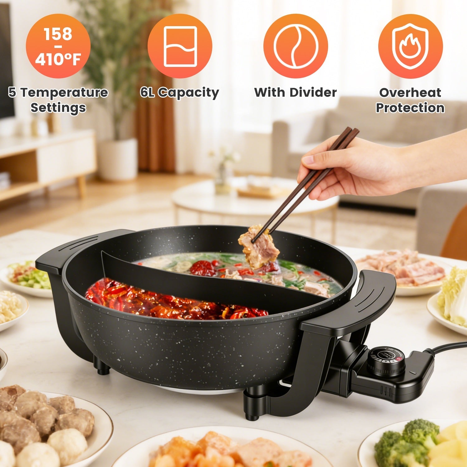 6L Electric Hot Pot with Divider 1100W Dual-Flavor Pot Shabu Shabu Pot Non-Stick with 5-Temp Control for Shabu Shabu Fondue Perfect for Family Gatheri