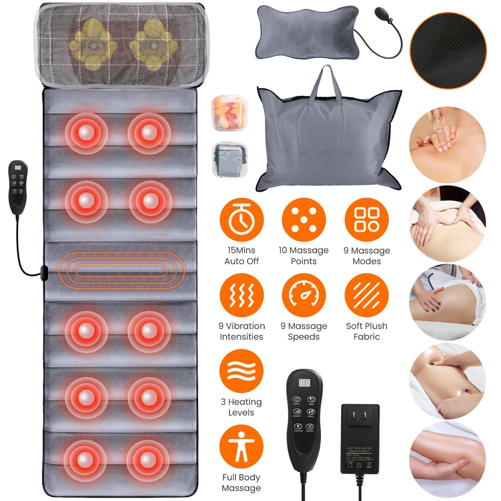 Full Body Electric Massage Mat with Heat Vibration Massage Pad Cushion Back Massage Mattress Chair Pad with Neck Massage Pillow with 10 Vibration Moto