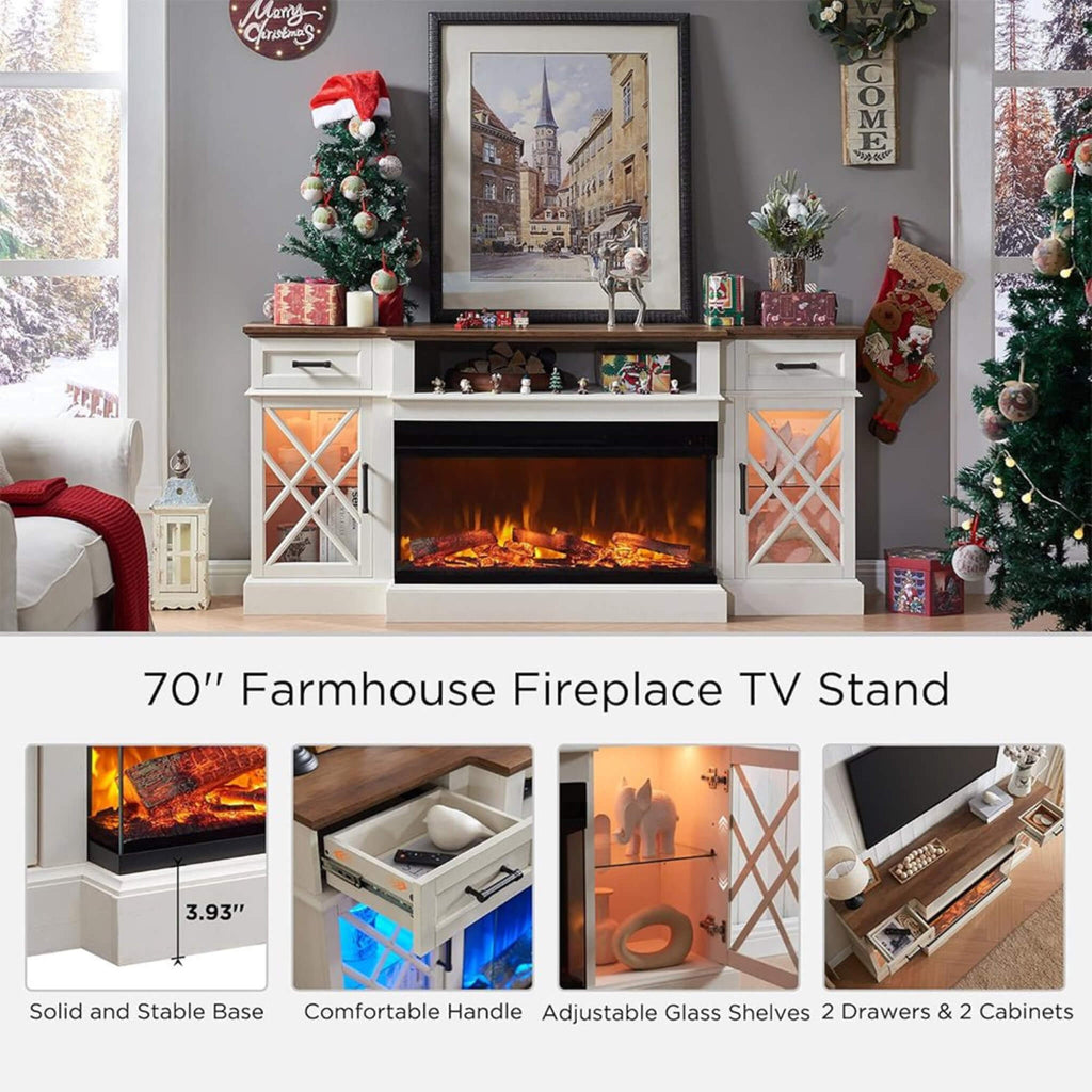 Nuvia Electric 70-Inch Fireplace TV Stand With Glass Door Storage Cabinet (SAK58627)