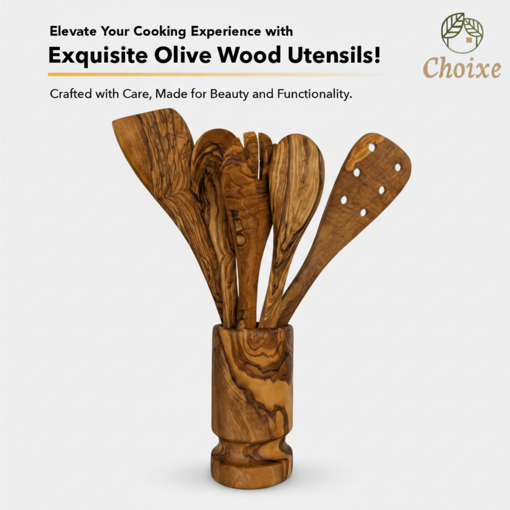 Olive Wood Kitchen Servers Set w/Holder -6 Pcs