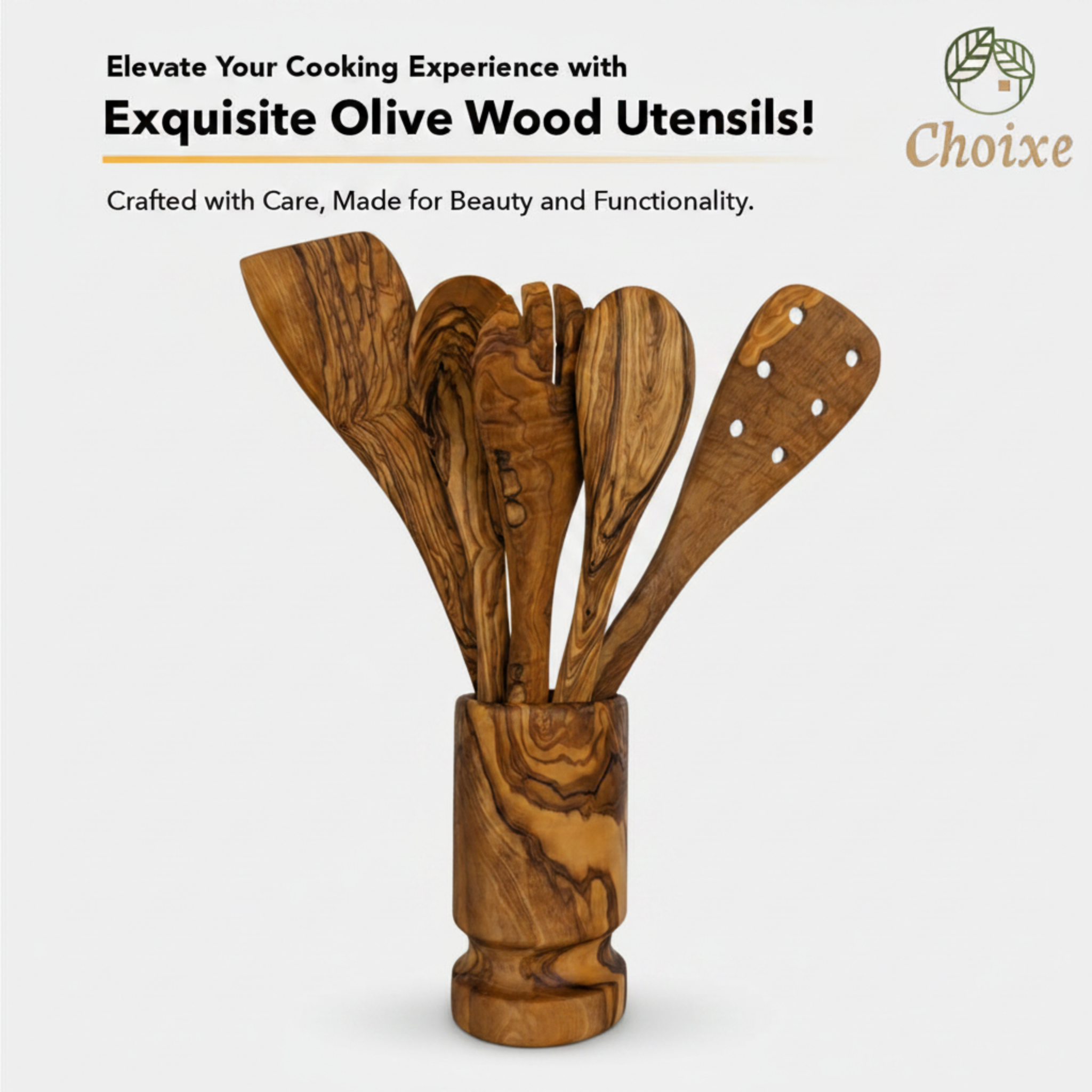 Olive Wood Kitchen Servers Set w/Holder -6 Pcs