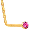 Pink 2mm Gem Inlay Gold IP So Twisted L Shaped Nose Ring
