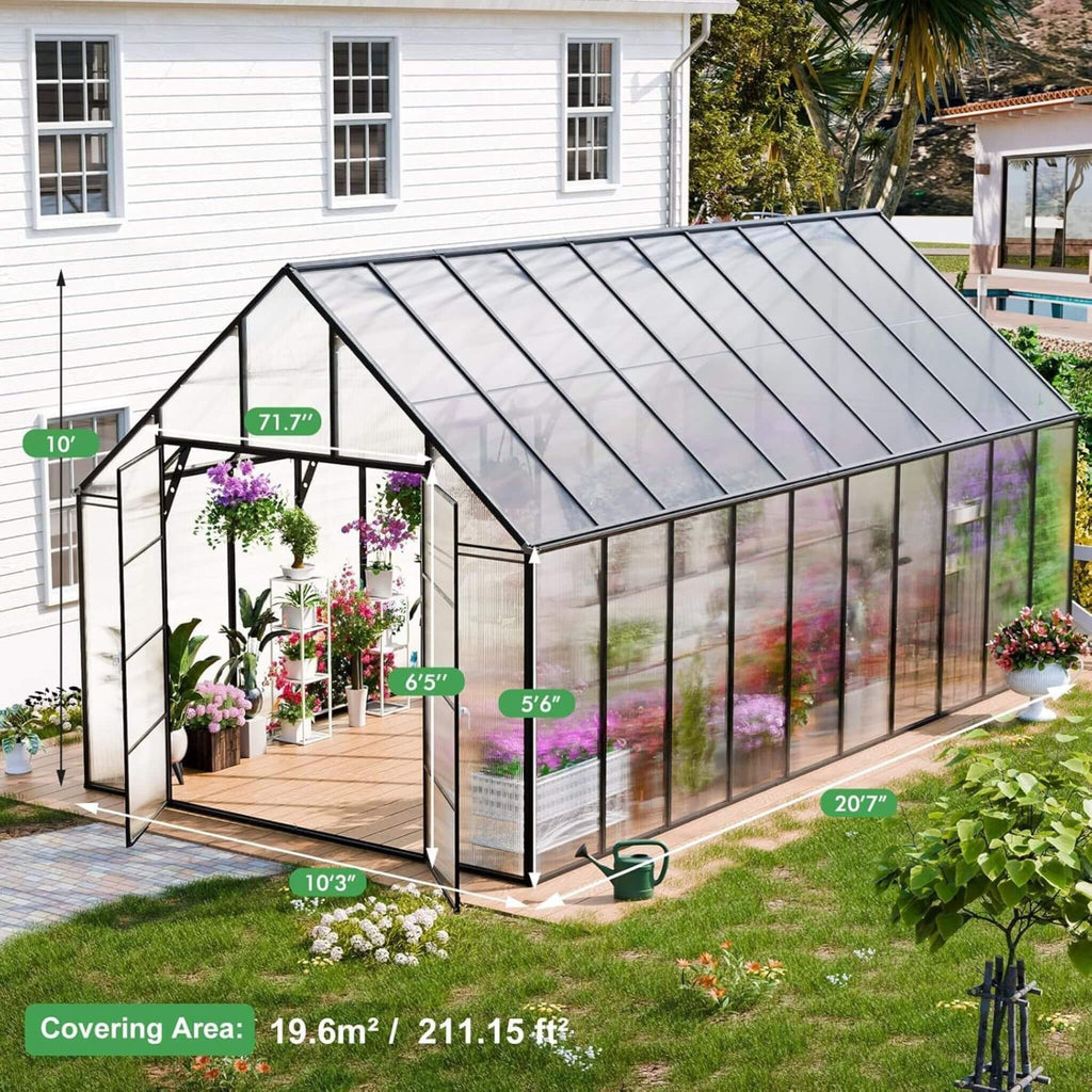 [10X20FT] Extra-Large Heavy-Duty Outdoor Backyard Greenhouse With Adjustable Roof Vents, 4MM (SAK59482)