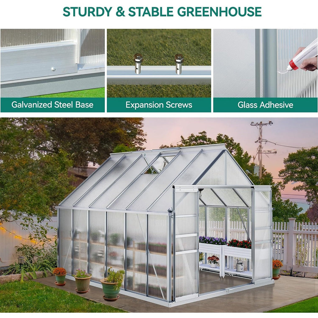 [10X12FT] Extra-Large Heavy-Duty Polycarbonate Aluminum Greenhouse With Sliding Doors And Vents (SAK74183)