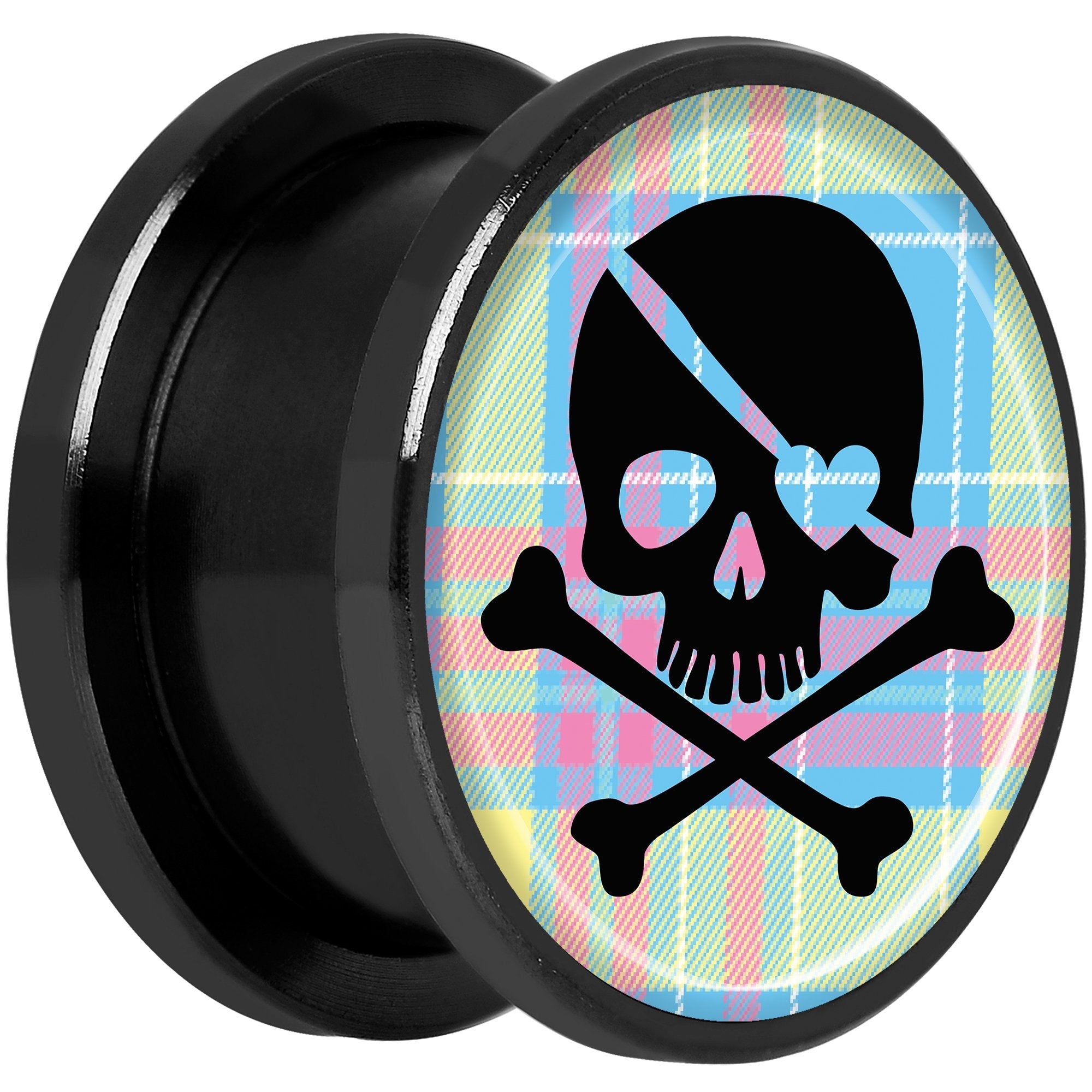 Pink Green Plaid Heart Skull Black Anodized Screw Fit Plug Set 5/8