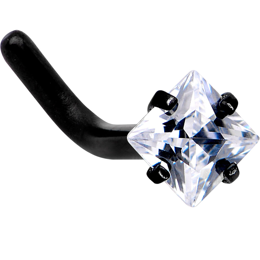 18G 1/4 Clear Square 2.5mm CZ Gem Black IP L-Shape Nose Ring