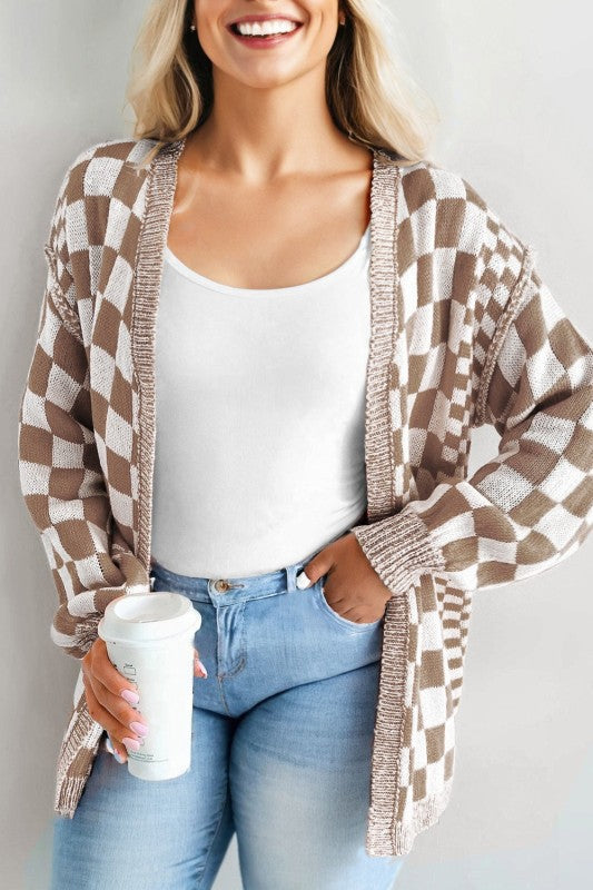 Plus Size Checker Drop Shoulder Open Front Cardiga