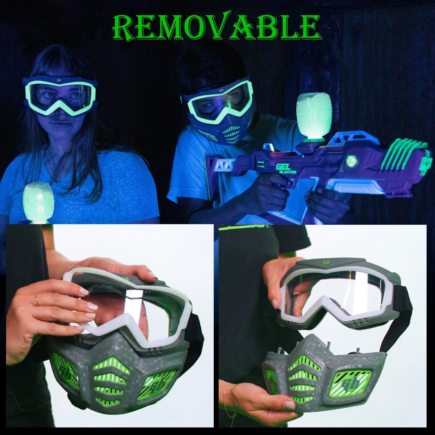 [Not Allowed to Sell on Amazon] Gel Blaster Glow in The Dark Elite Face Mask Full Face Tactical Mask with Detachable Goggles Adjustable Headband Vente