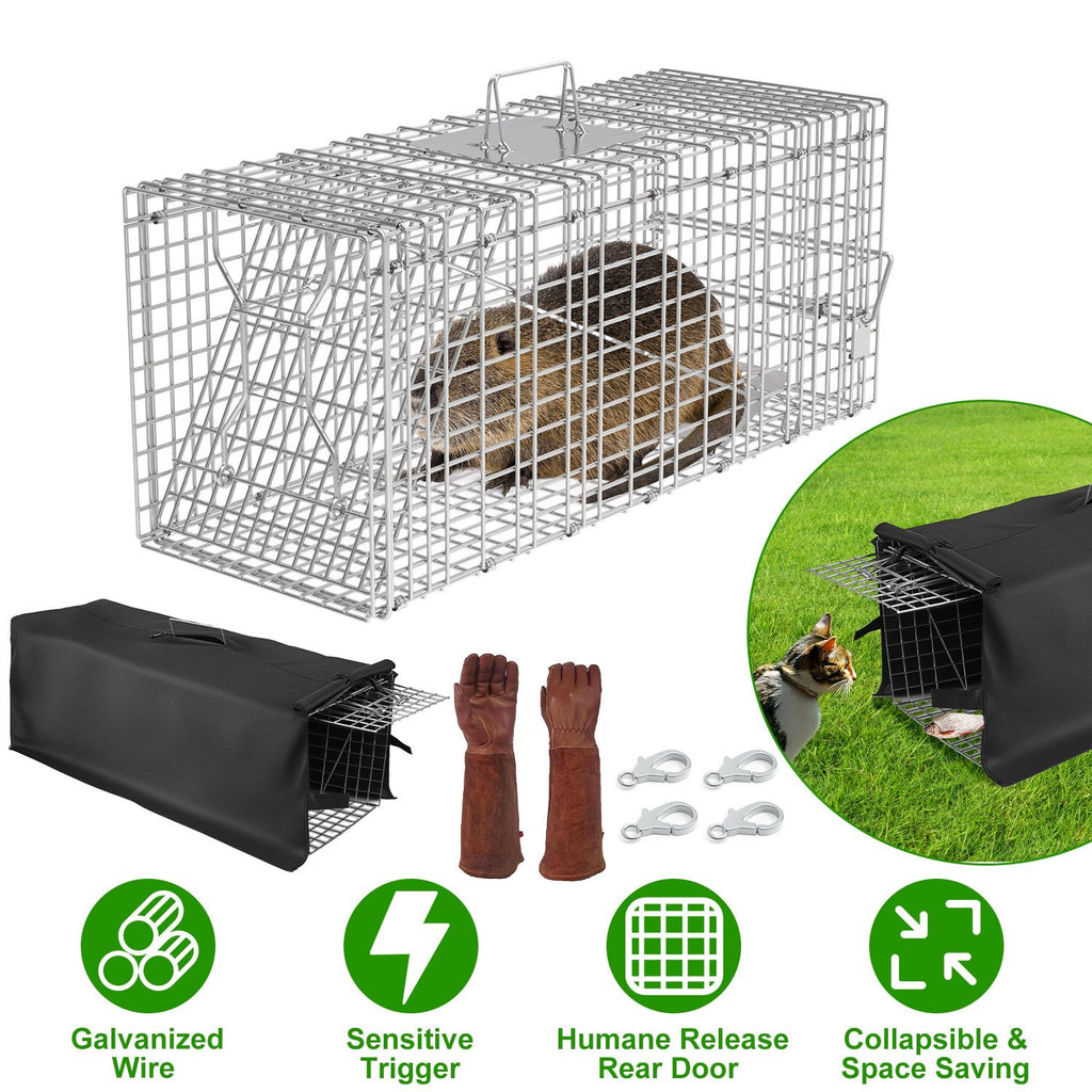Humane Cat Trap Cage With Waterproof Cover Gloves Catch Release Live Animal Rodent Cage Collapsible Galvanized Wire for Raccoons Beavers Groundhogs Fo