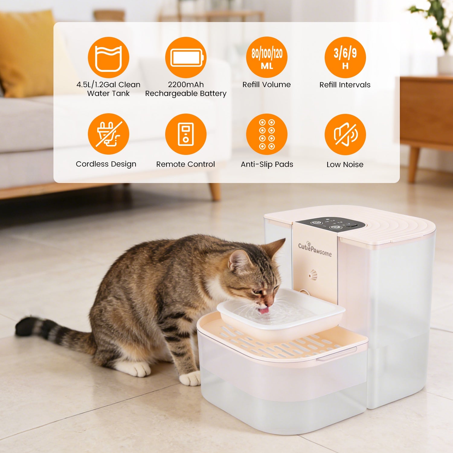 Smart Pet Water Fountain Automatic Cat Water Dispenser 4.5L Cordless Rechargeable Dog Water Fountain Self-Refill with 3 Adjustable Volume 3 Time Inter