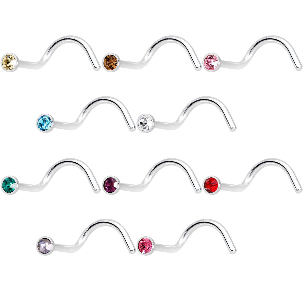 20G 5/16 Multi Color Gem Steel Nose Screw 20 Pack Set