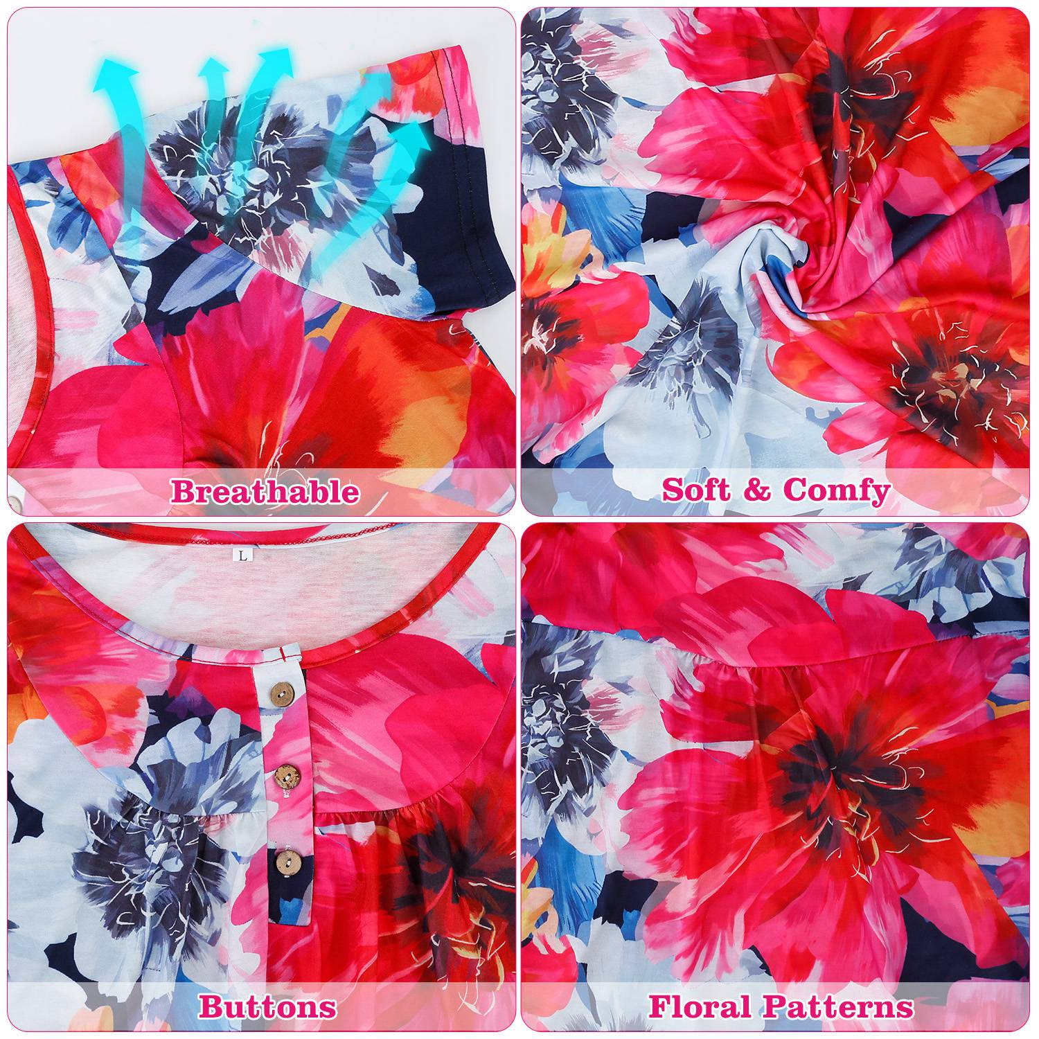 Women Summer Shirts Tops Loose Short Sleeve T Shirts Casual Floral Printed Button Shirts Blouse S-XXL