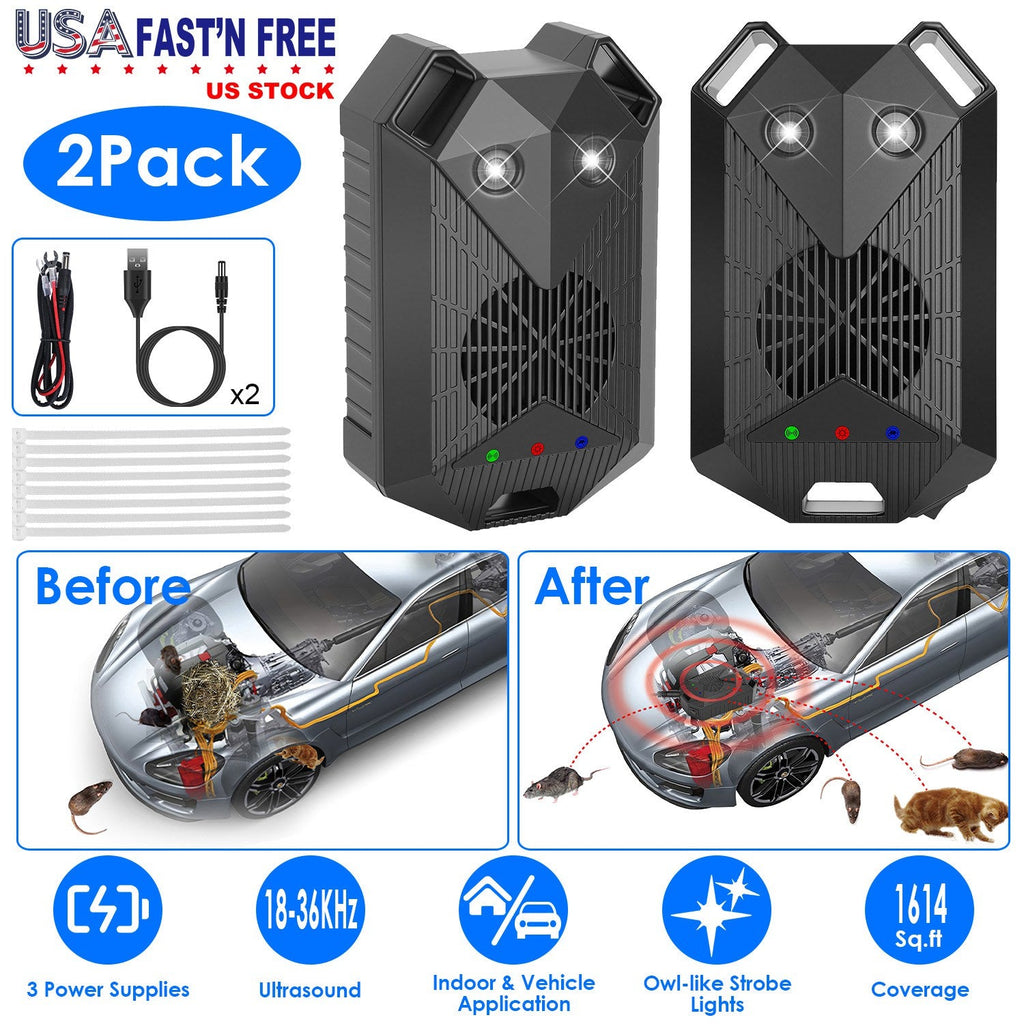2 Pack Under Hood Ultrasonic Rodent Repeller Rodent Control Deterrent Chaser Blocker for Vehicle Indoor with Strobe Light 3 Power Supplies