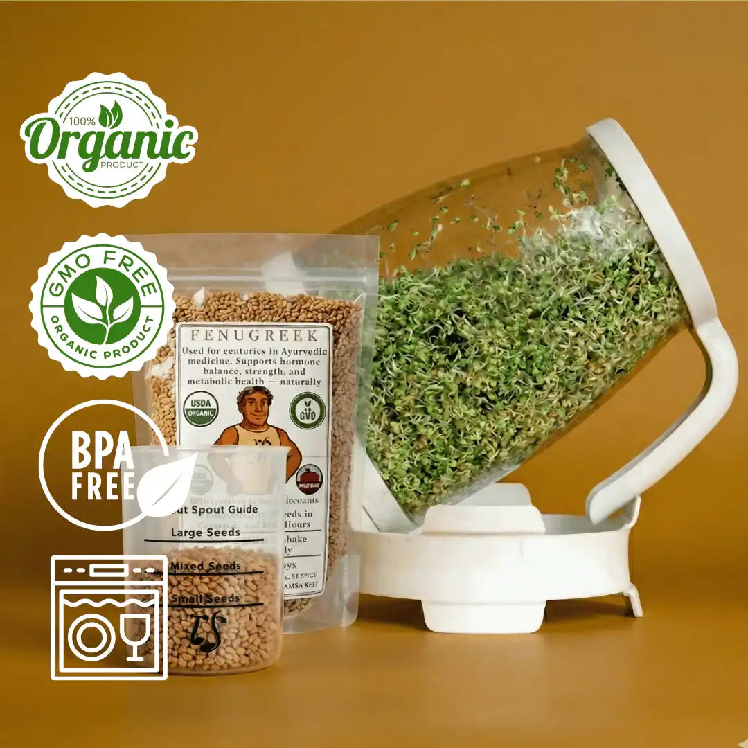 Sprout Spout Fenugreek Starter Kit: Sprout Spout + 4oz or 1lb seeds + Free Sprout Scoop