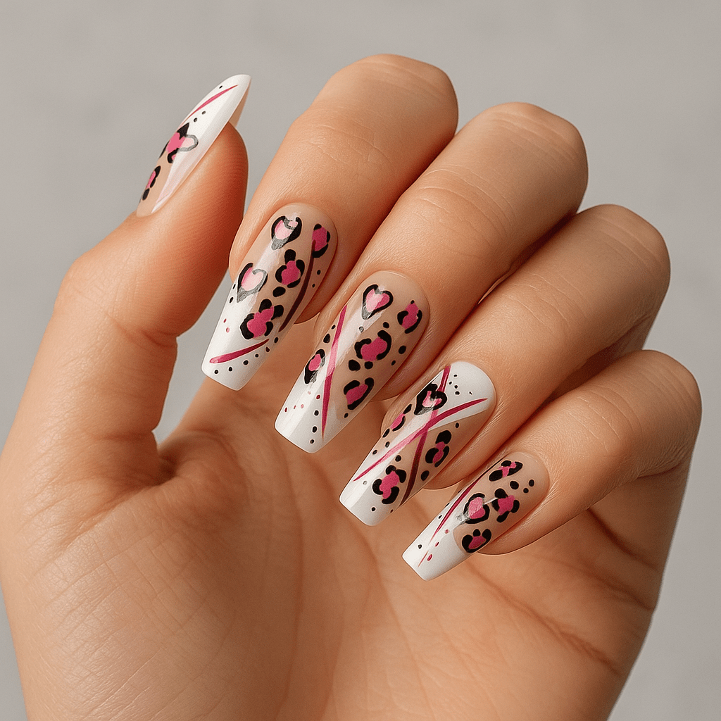 Love Savage Press-On Nails – Pink Heart Cheetah Print