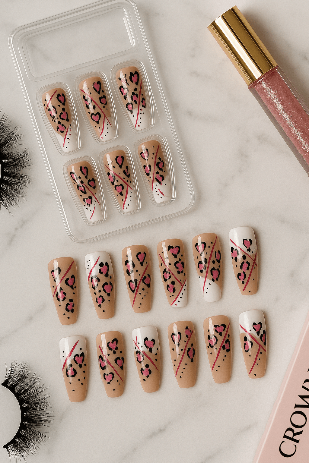 Love Savage Press-On Nails – Pink Heart Cheetah Print