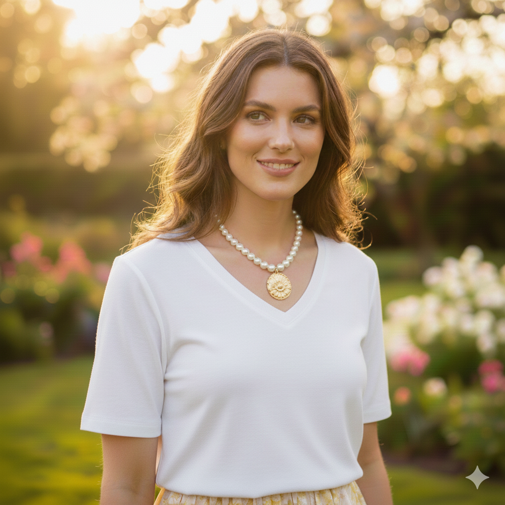 Matte Gold Flower Pendant on White Pearls