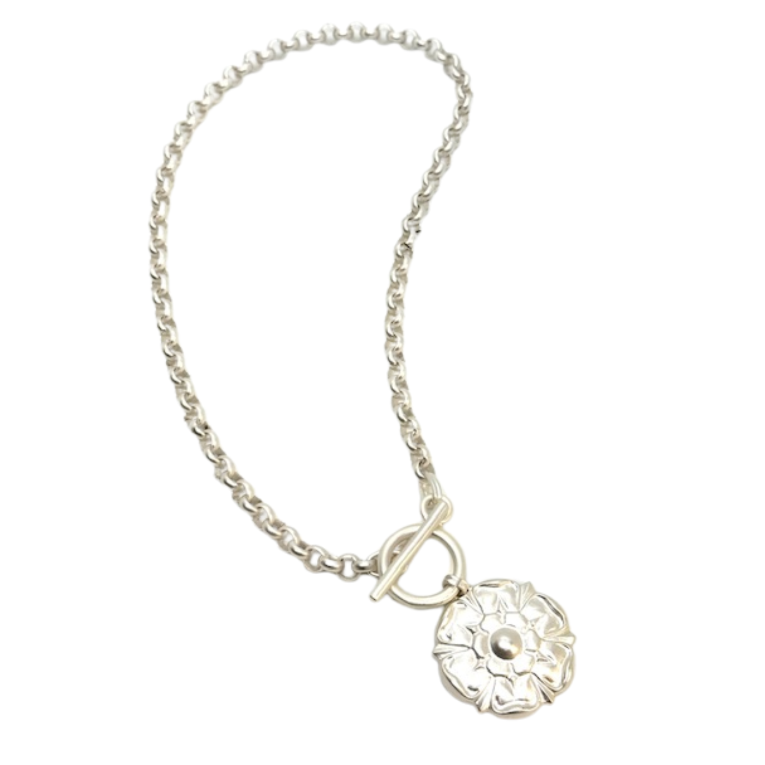Matte Silver Flower Pendant On Rolo Chain