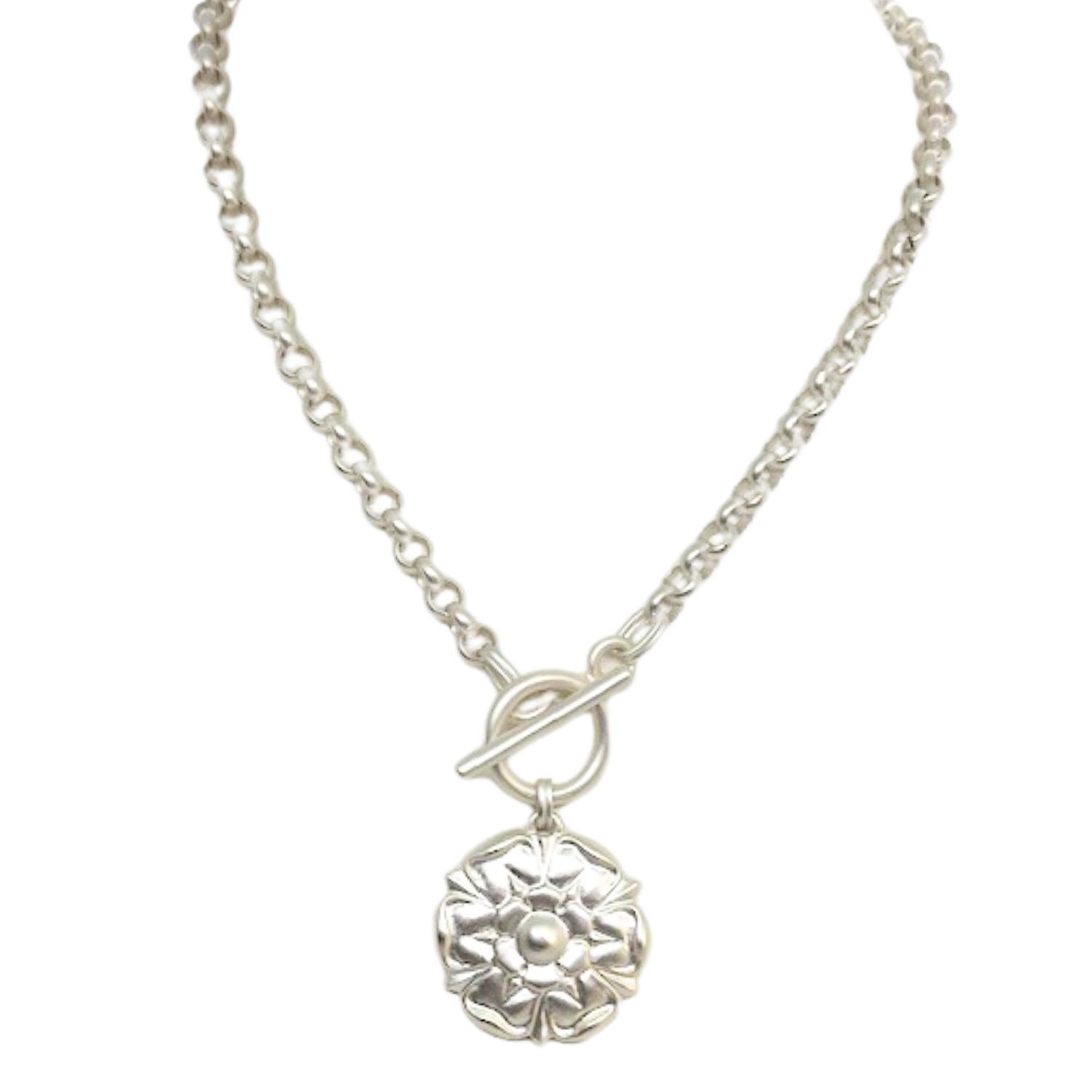 Matte Silver Flower Pendant On Rolo Chain