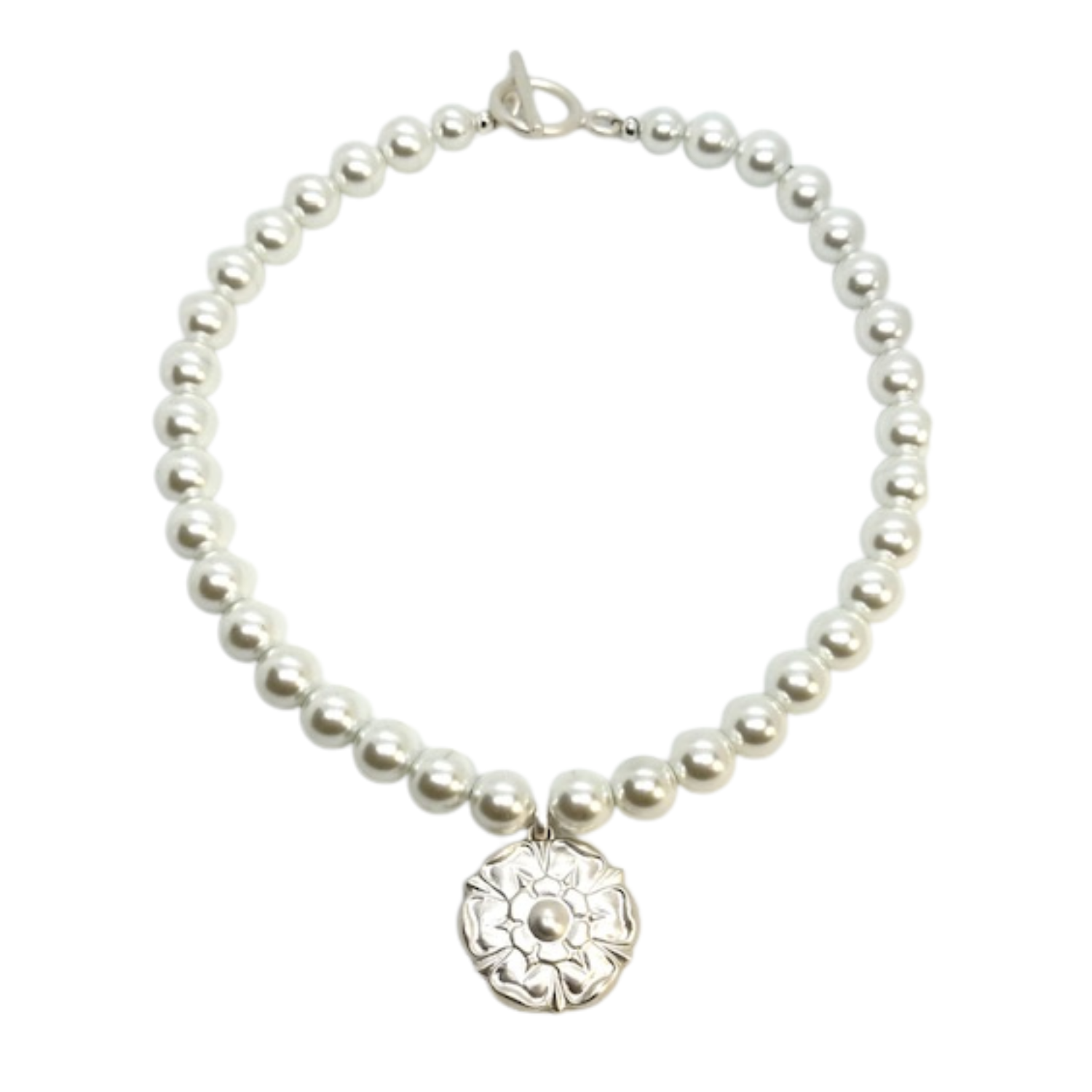 Matte Silver Flower Pendant on White Pearls