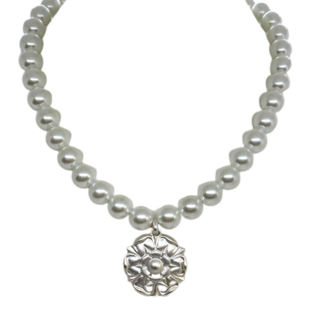 Matte Silver Flower Pendant on White Pearls