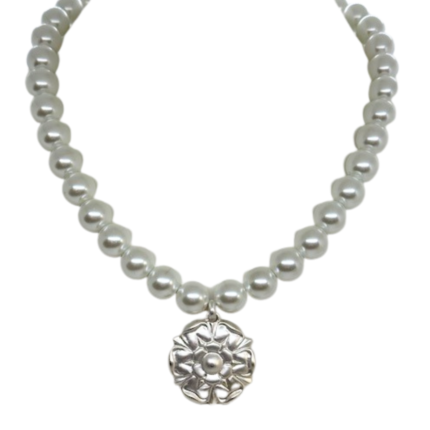 Matte Silver Flower Pendant on White Pearls