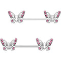 9/16 Pink CZ Gem Fluttering Butterfly Barbell Nipple Ring Set