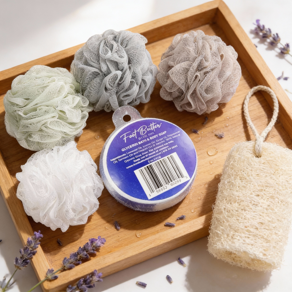 Lavender Bath Bundle – Moisturizing Glycerin Soaps & Shower Loofah Set