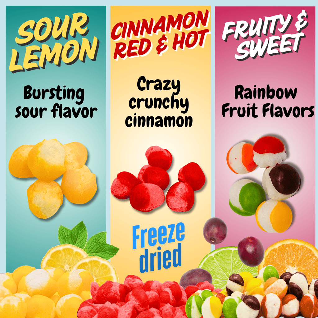 Freeze Dried Candy Trio Pack 3 Pack Lemon Ballz - Rainbow Krunchies - Cinnamon Hotties