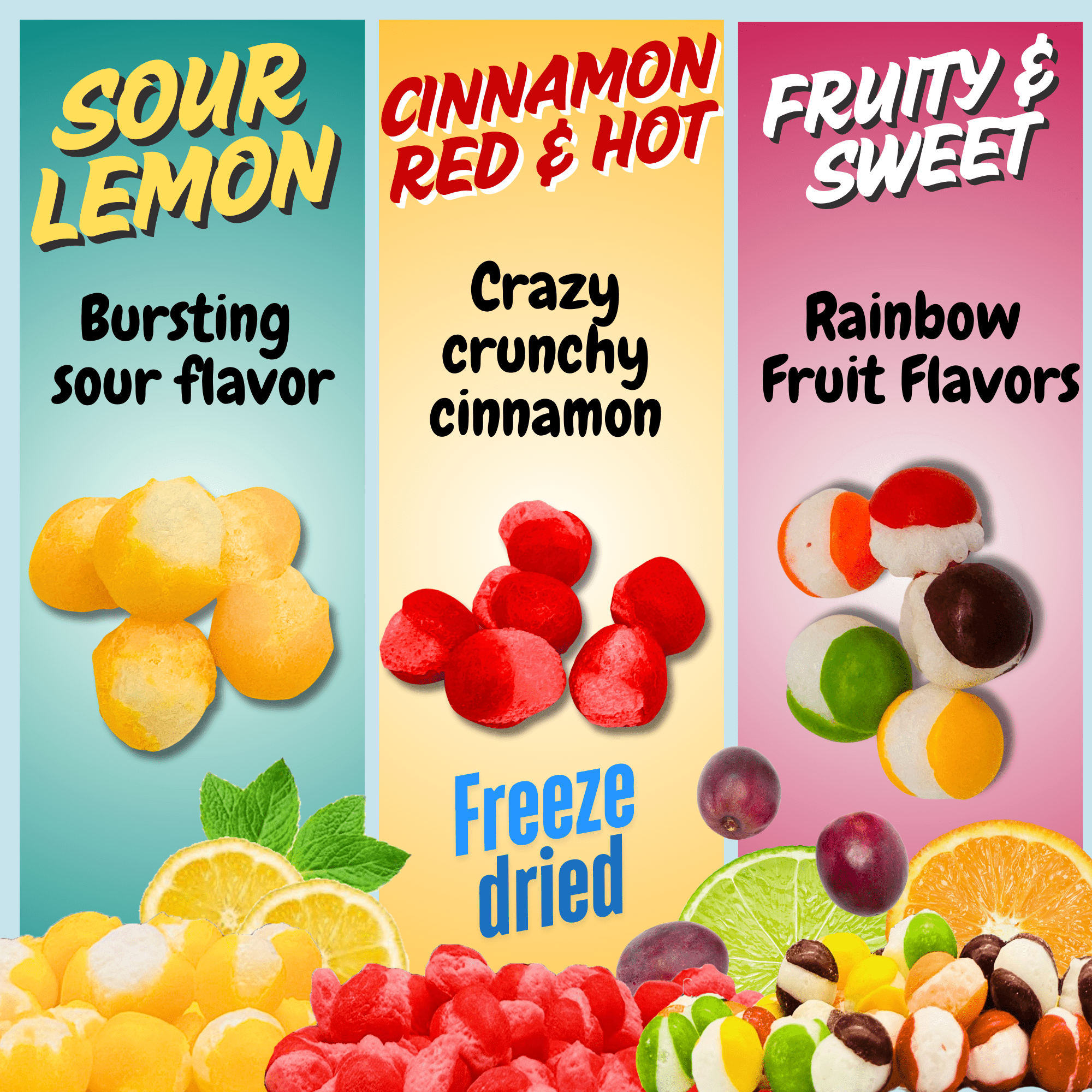 Freeze Dried Candy Trio Pack 3 Pack Lemon Ballz - Rainbow Krunchies - Cinnamon Hotties