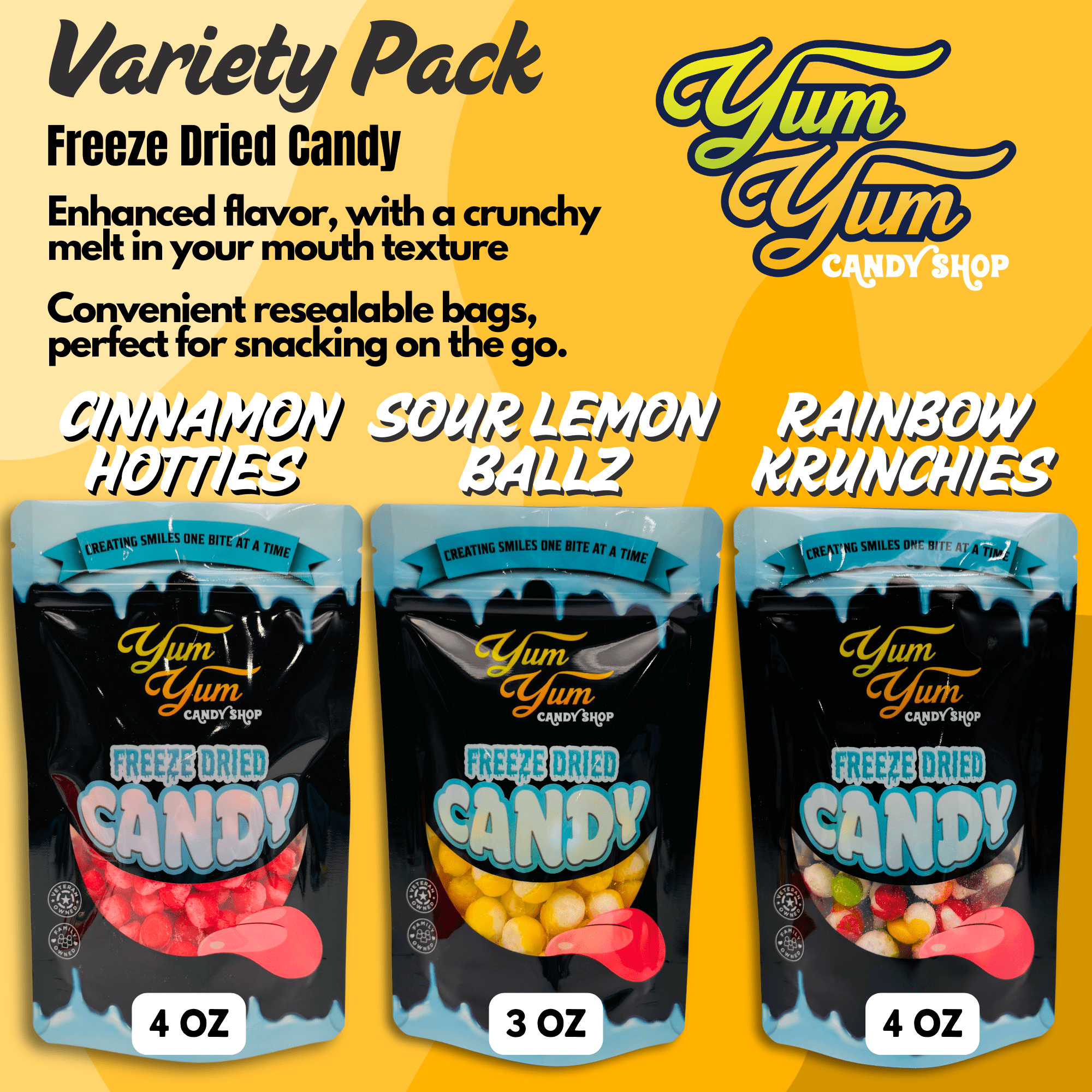 Freeze Dried Candy Trio Pack 3 Pack Lemon Ballz - Rainbow Krunchies - Cinnamon Hotties