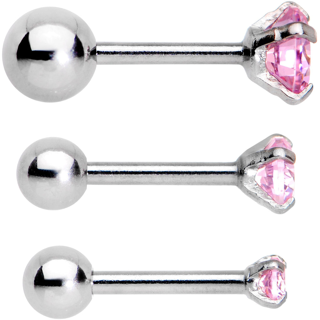 18G 1/4 Pink CZ Gem Tragus Cartilage Earring 3 Pack Set
