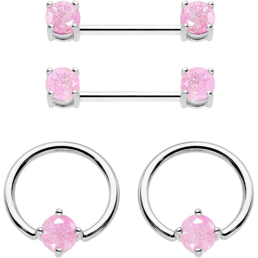 14G Pink CZ Gem BCR Captive Ring Barbell Nipple Ring Set