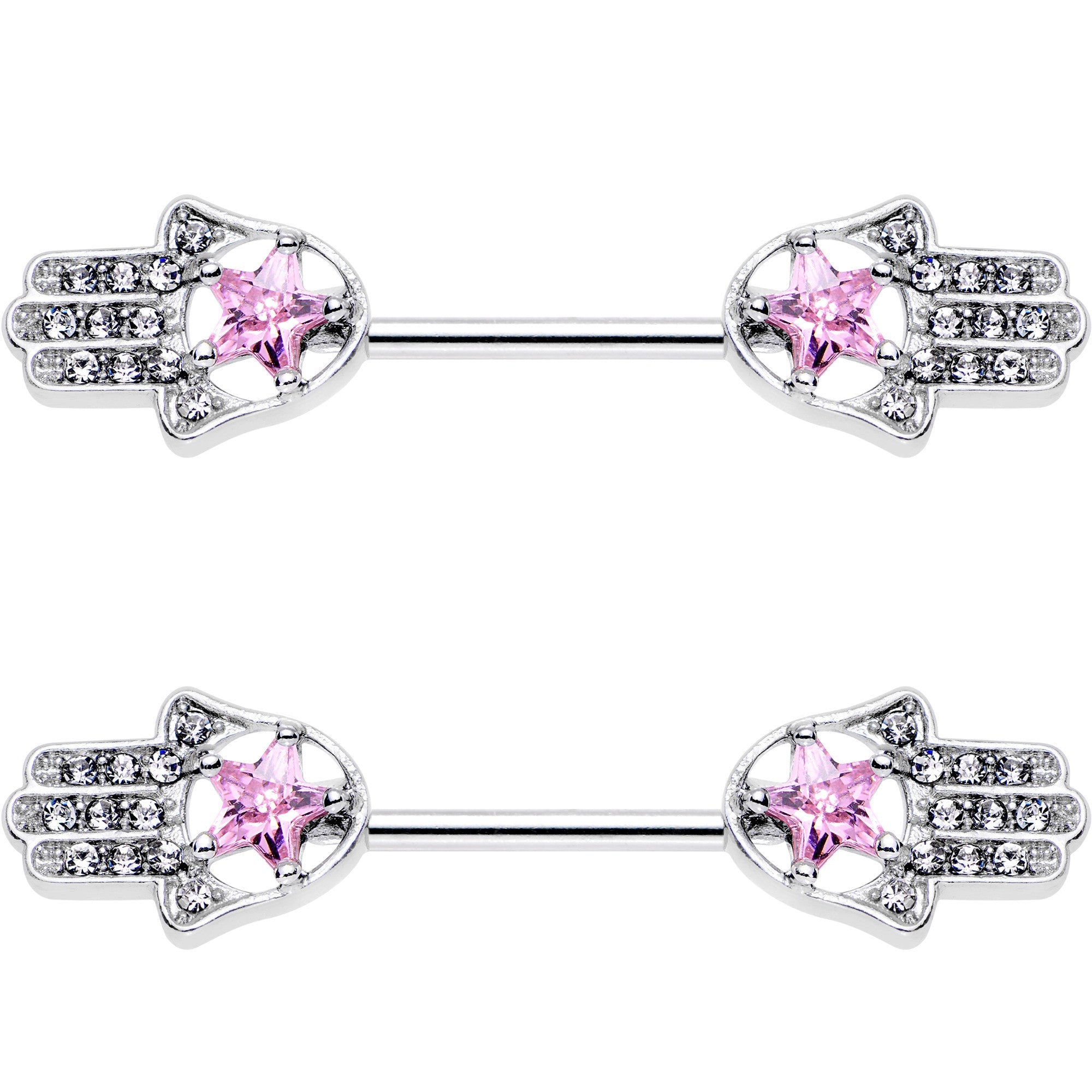 14G 9/16 Pink Gem Star Hamsa Hand Barbell Nipple Ring Set