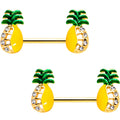 9/16 Clear Gem Gold PVD Half Paved Pineapple Barbell Nipple Ring Set