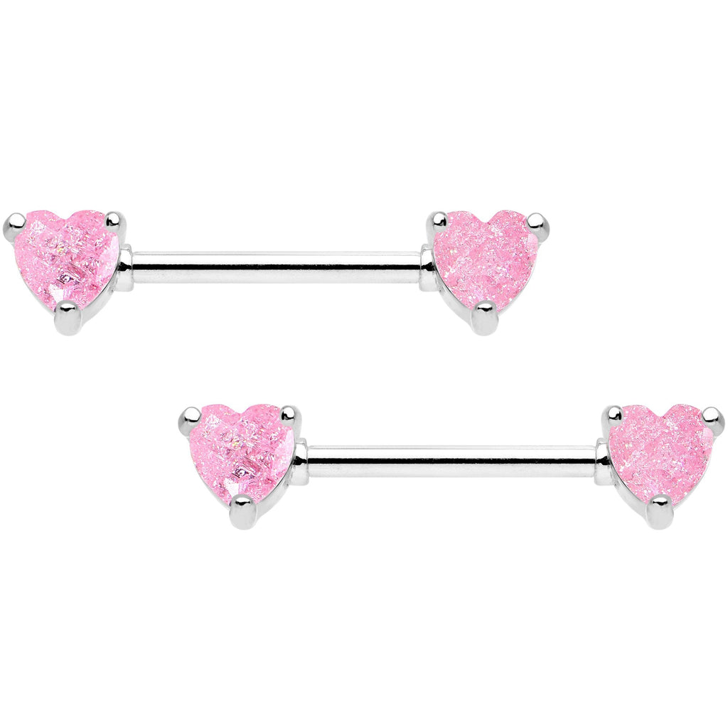 14G Pink CZ Gem Heart Captive Ring Barbell Nipple Ring Set