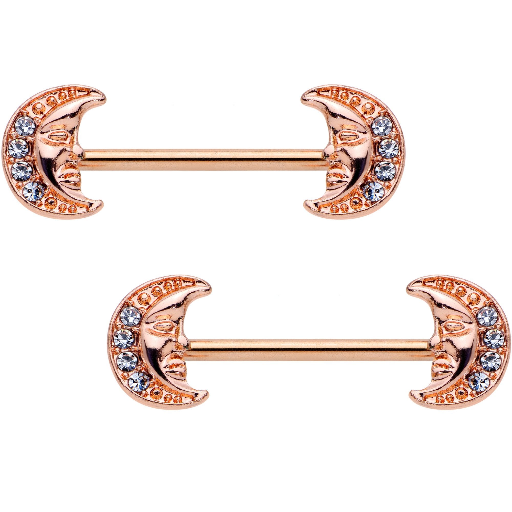 5/8 Clear Gem Rose Gold Tone Anodized Moon Barbell Nipple Ring Set