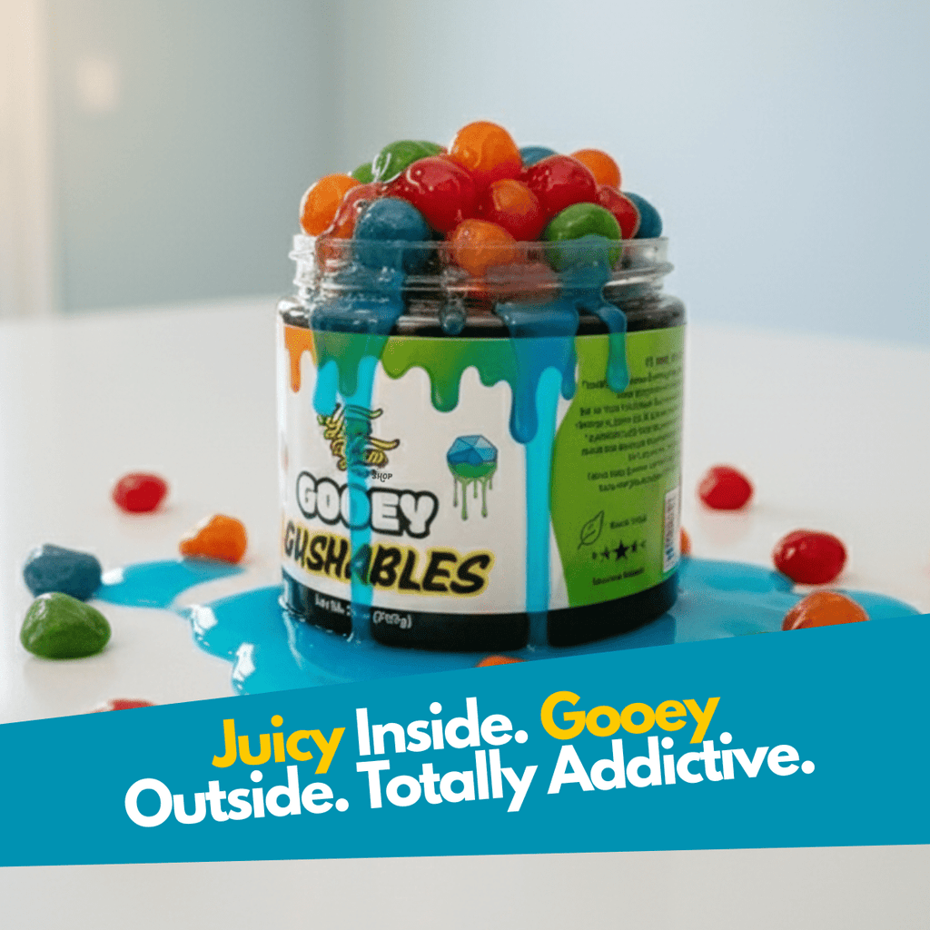 Gooey Gushables - Juicy Fruit Snacks in Sour Blue Raspberry Goo Jar