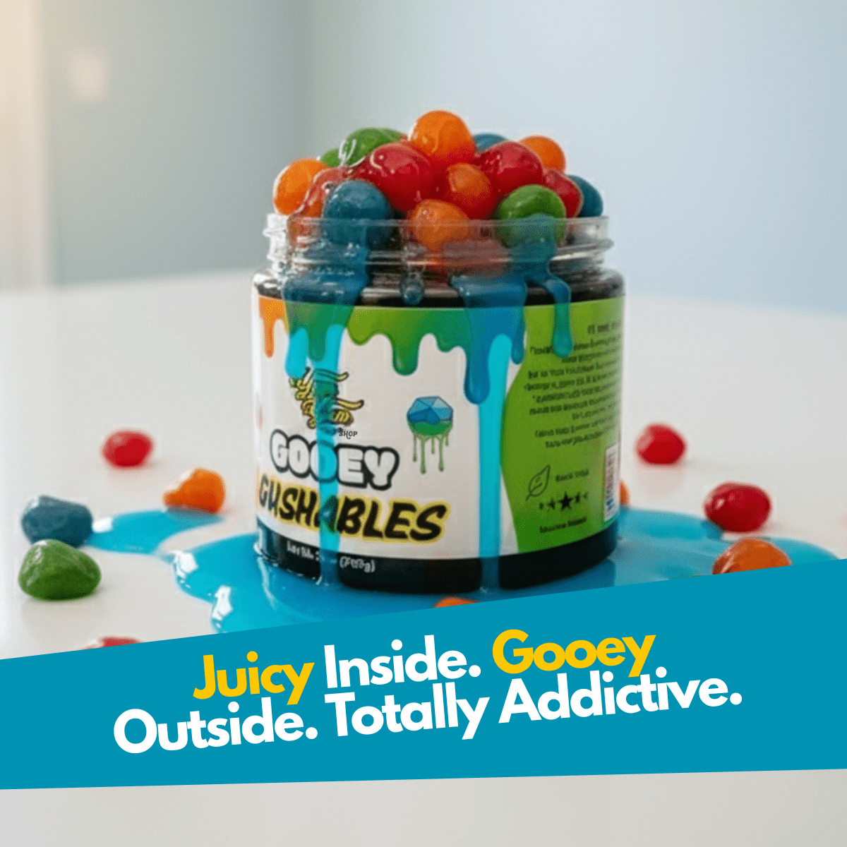 Gooey Gushables - Juicy Fruit Snacks in Sour Blue Raspberry Goo Jar