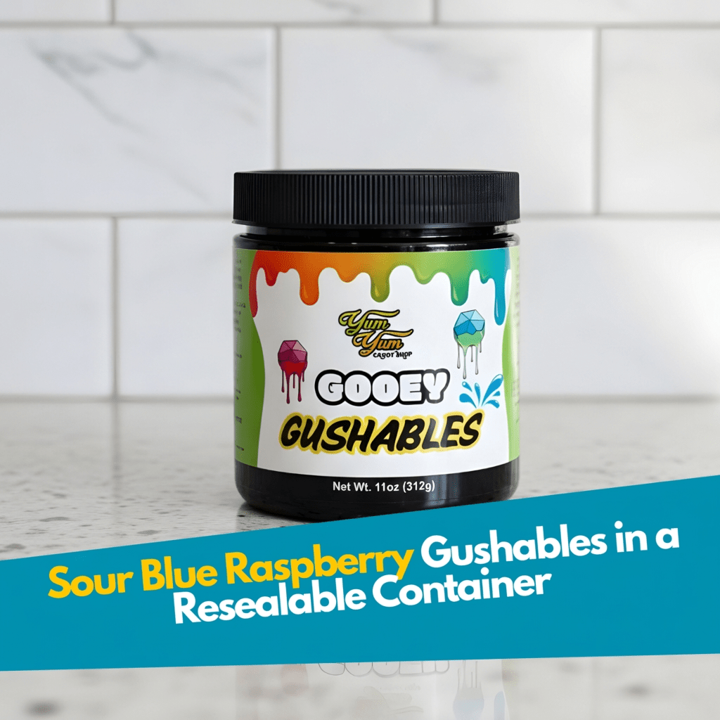 Gooey Gushables - Juicy Fruit Snacks in Sour Blue Raspberry Goo Jar