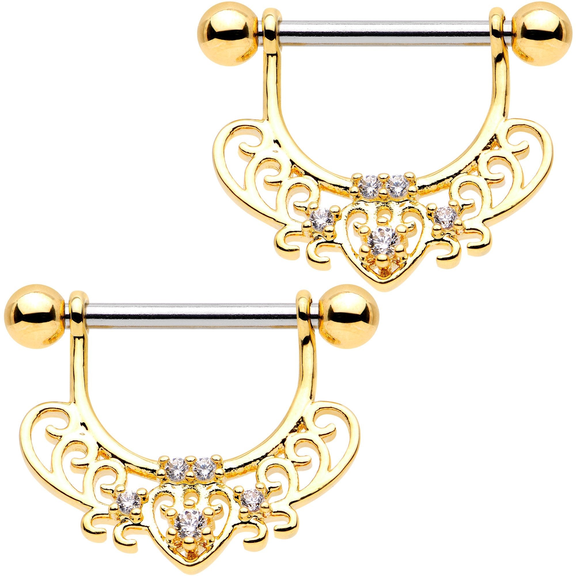 1/2 Clear CZ Gem Gold Tone Mehndi Dangle Nipple Ring Set