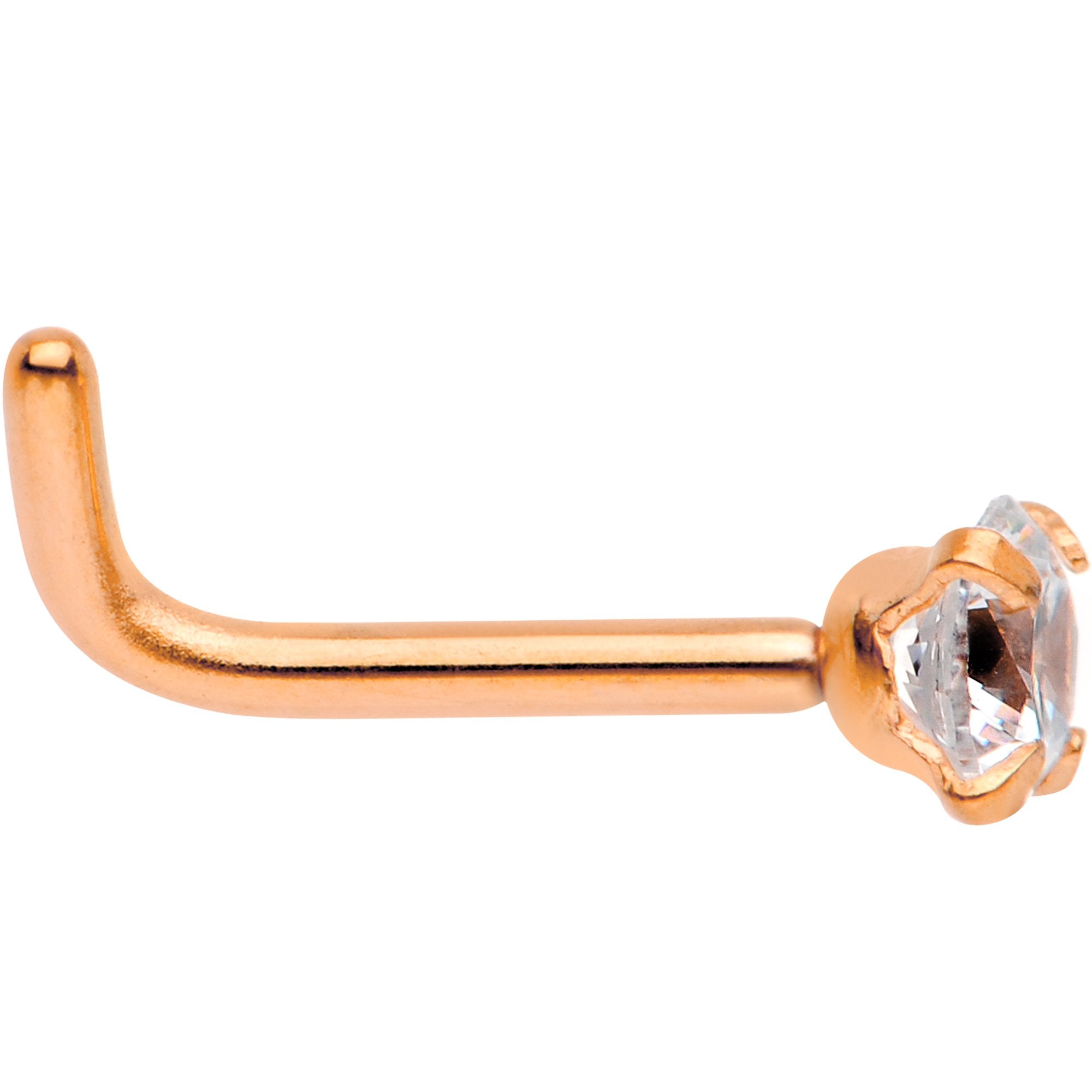 18G 1/4 Clear 3mm CZ Gem Rose Gold IP L-Shape Nose Ring