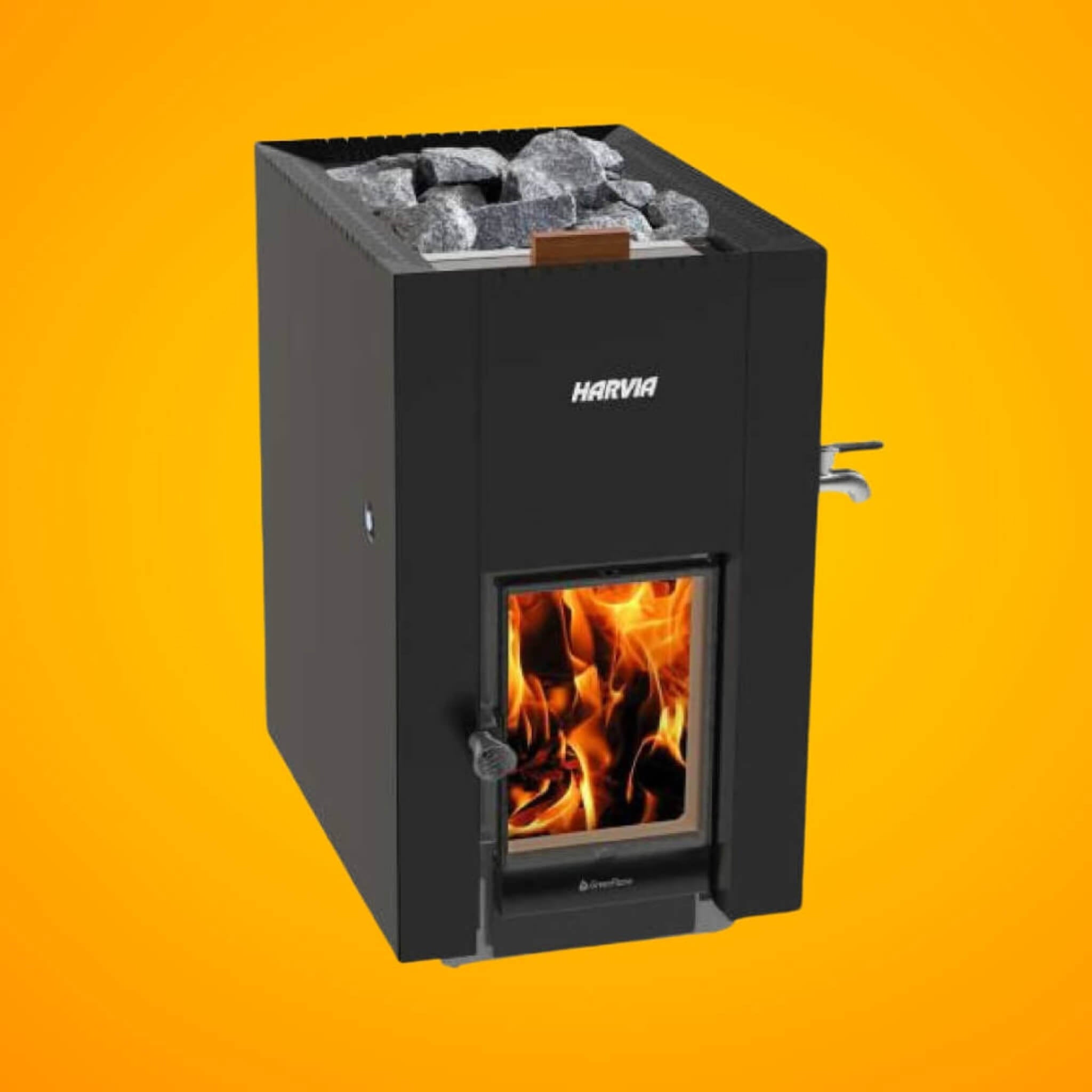 Harvia GreenFlame ES 22 Linear Black Wood Sauna Stove With Sauna Stones, 15.7KW [WKLI22GESM] (SAK31692)