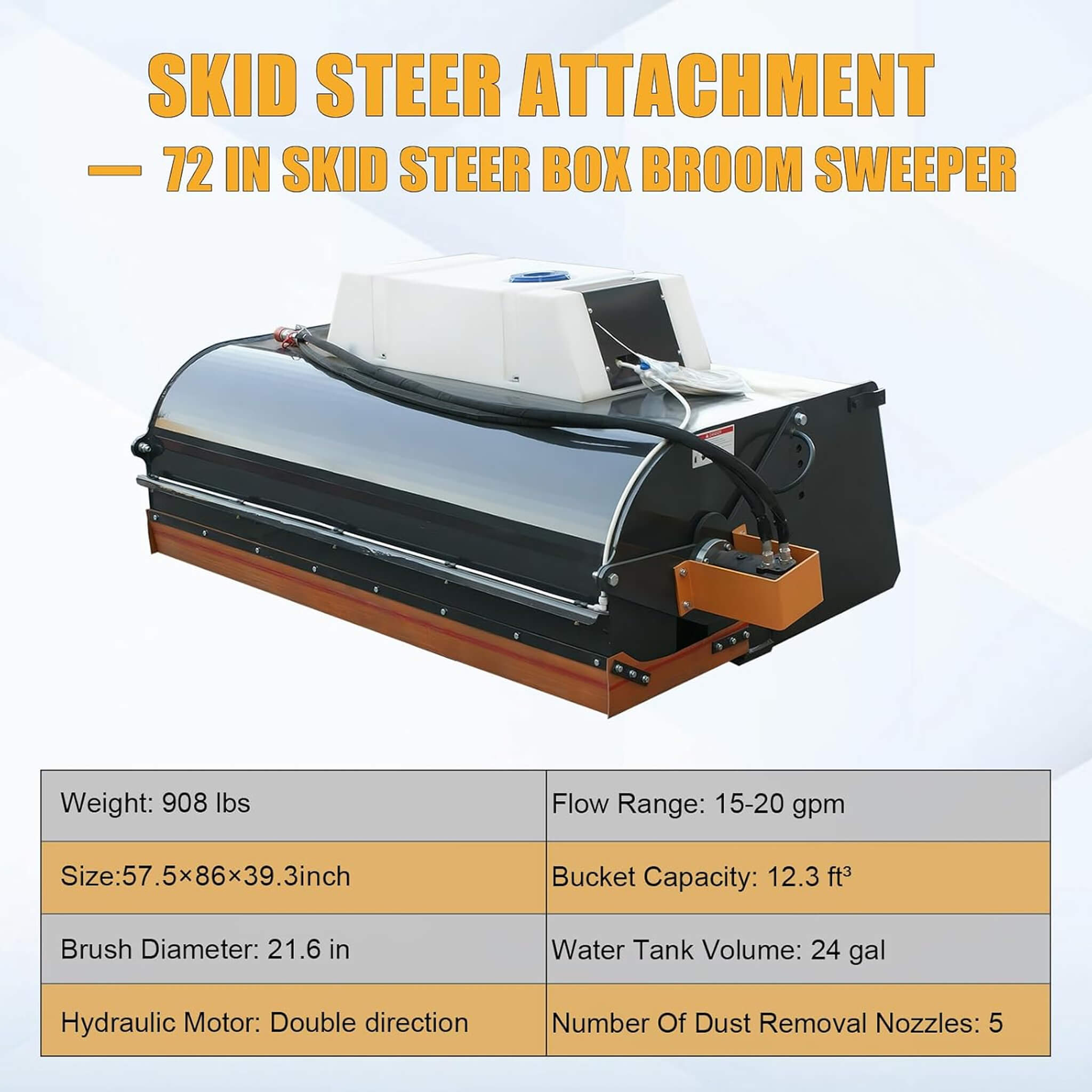 Heavy-Duty 72-Inch Hydraulic Drive Broom Sweeper Skid Steer Attachment With Water Tank (SAK80614)